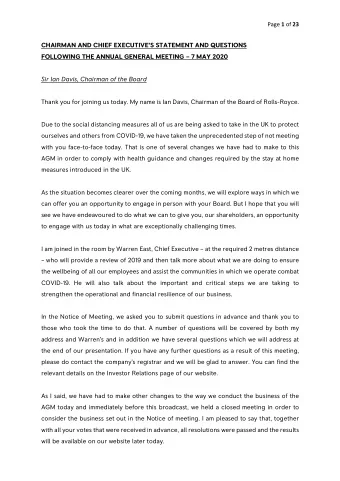 CHAIRMAN AND CHIEF EXECUTIVES STATEMENT AND QUESTIONS  FOLLOWING THE ANNUAL GENERAL MEETING