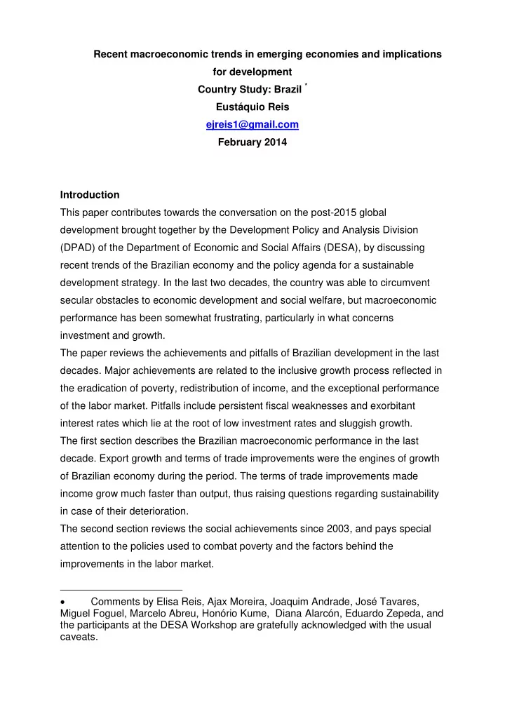 recent macroeconomic trends in emerging economies and