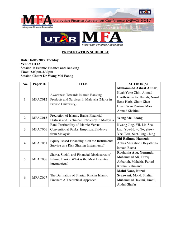 presentation schedule date 16 05 2017 tuesday venue h112