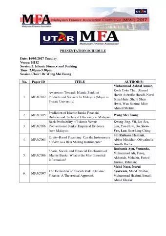 PRESENTATION SCHEDULE  Date: 16/05/2017 Tuesday  Venue: H112  Session 1: Islamic Finance and