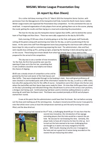 NHSJWL Winter League Presentation Day  (A report by Alan Dixon) On a rather dull dewy morning of