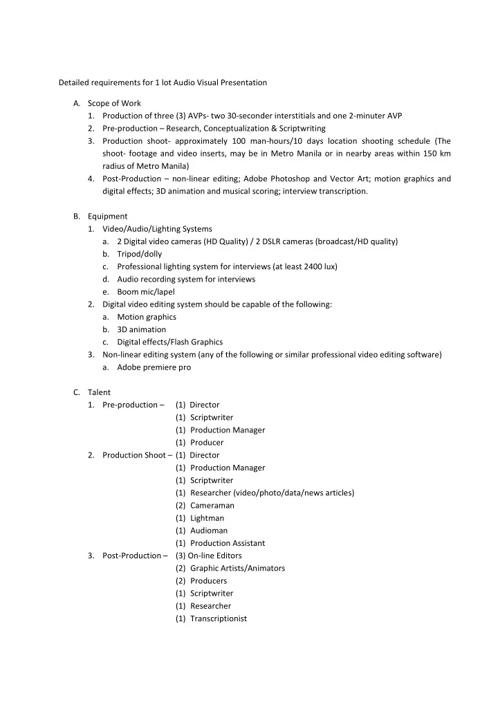detailed requirements for 1 lot audio visual presentation