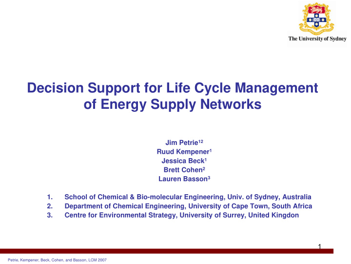 decision support for life cycle management of energy
