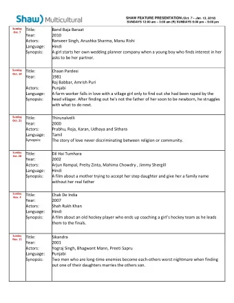 SHAW FEATURE PRESENTATION (Oct. 7  Jan. 13, 2019) SUNDAYS 12:00 am  3:00 am (R) SUNDAYS 6:00
