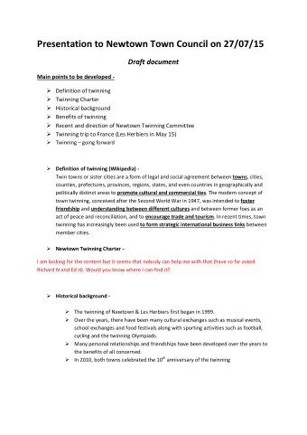 Presentation to Newtown Town Council on 27/07/15  Draft document  Main points to be developed -