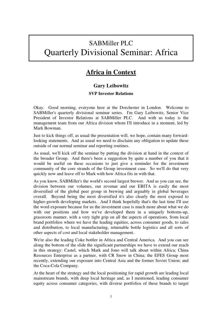 sabmiller plc quarterly divisional seminar africa