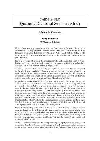 SABMiller PLC  Quarterly Divisional Seminar: Africa  Africa in Context  Gary Leibowitz  SVP