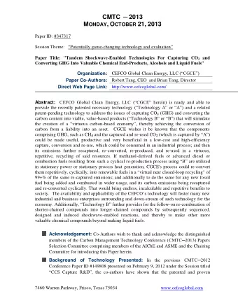 CMTC  2013 M ONDAY , O CTOBER 21, 2013  Paper ID: #347317 Session Theme:  Potentially