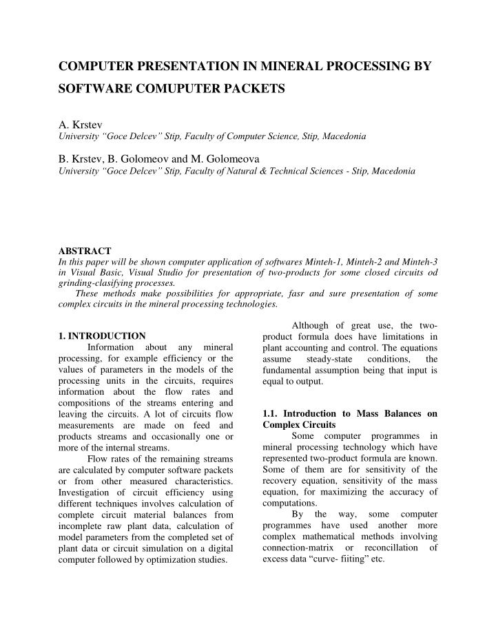 computer presentation in mineral processing by software