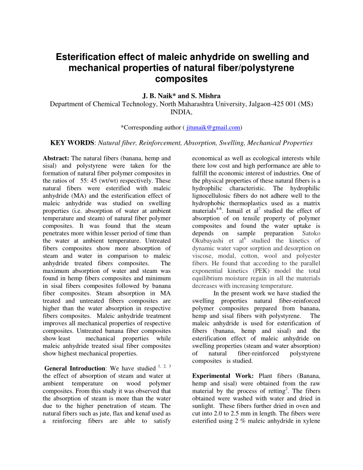 esterification effect of maleic anhydride on swelling and