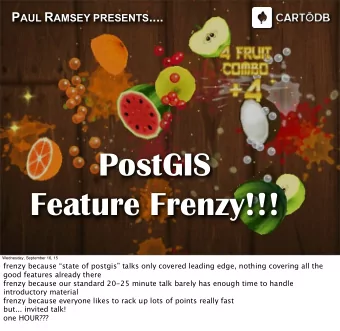 PostGIS  Feature Frenzy!!!  Wednesday, September 16, 15  frenzy because state of postgis