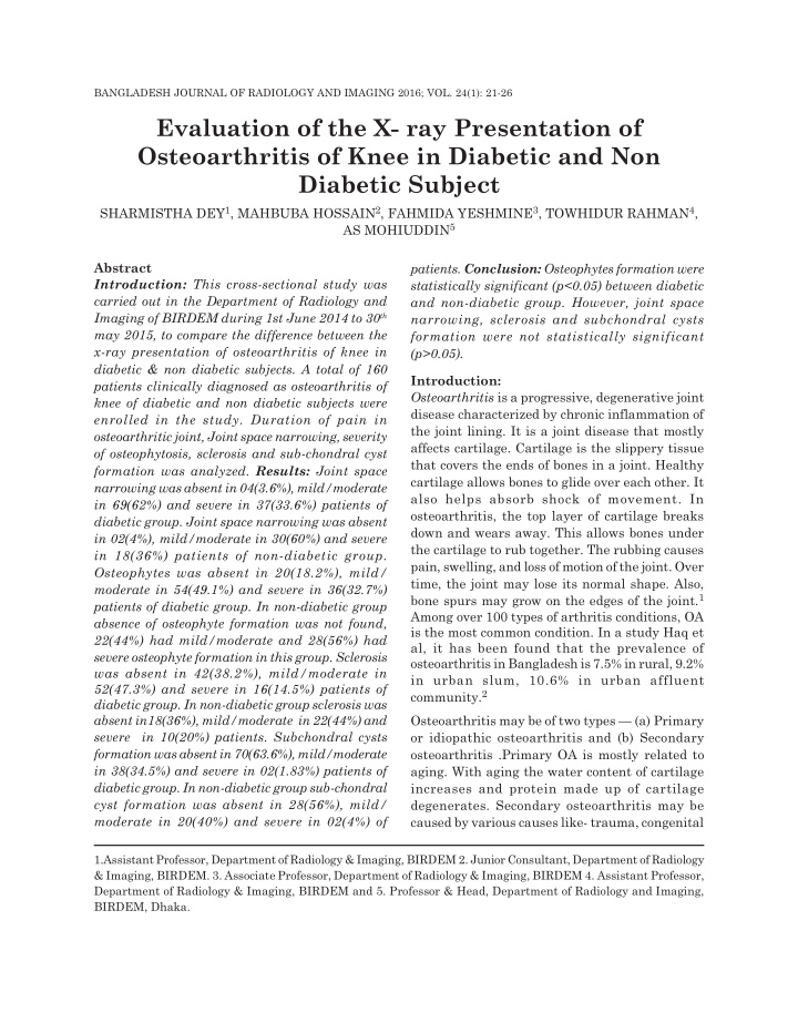 evaluation of the x ray presentation of osteoarthritis of