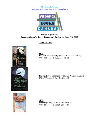 Indigo Signal Hill Presentation of Alberta Books and Authors  Sept. 29, 2012 Books for Teens