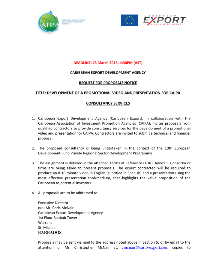 deadline 23 march 2015 4 30pm ast caribbean export