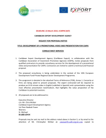 DEADLINE: 23 March 2015, 4:30PM (AST) CARIBBEAN EXPORT DEVELOPMENT AGENCY  REQUEST FOR PROPOSALS