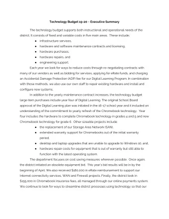 Technology Budget 19-20 ~ Executive Summary  The technology budget supports both instructional and