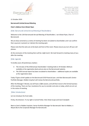 11 October 2019  Barramundi Limited Annual Meeting Chairs Address from Alistair Ryan  [Slide: