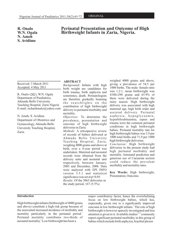 perinatal presentation and outcome of high