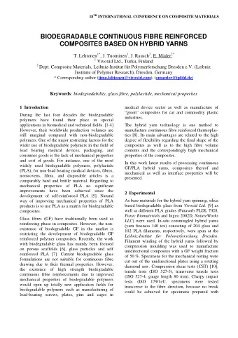 BIODEGRADABLE CONTINUOUS FIBRE REINFORCED  COMPOSITES BASED ON HYBRID YARNS T. Lehtonen 1* , J.