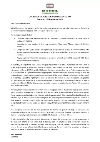 CHAIRMANS ADDRESS &amp; AGM PRESENTATION  Tuesday, 22 November 2011  Dear Fellow Shareholders