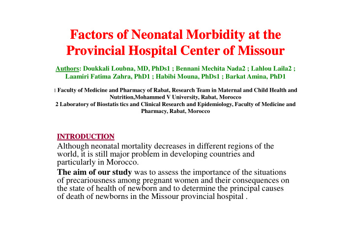 factors factors of of neonatal neonatal morbidity