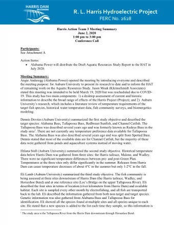 R. L. Harris Hydroelectric Project FERC No. 2628  Harris Action Team 3 Meeting Summary  June 2,