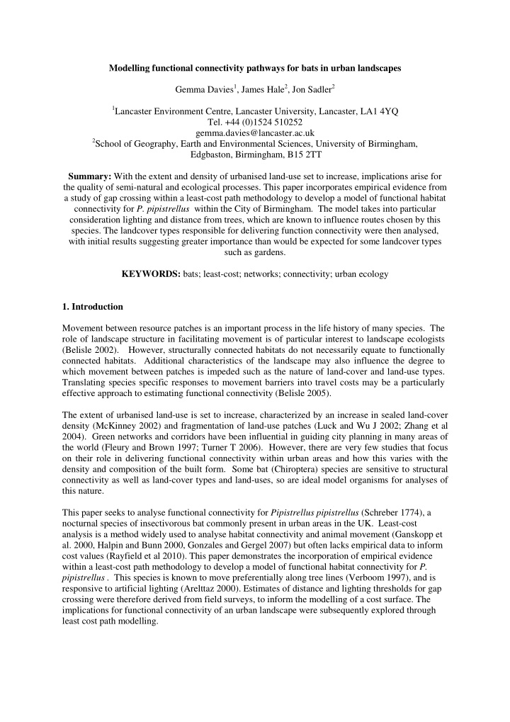 modelling functional connectivity pathways for bats in