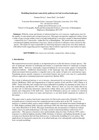 Modelling functional connectivity pathways for bats in urban landscapes Gemma Davies 1 , James Hale