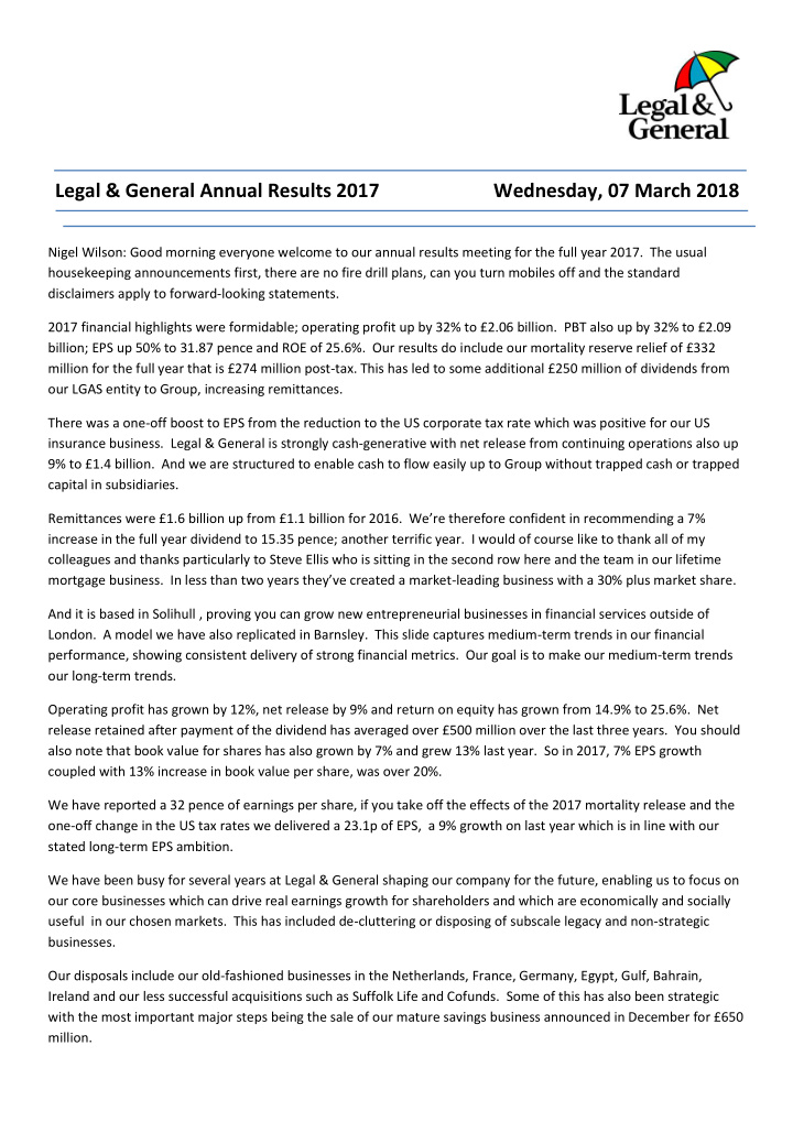legal general annual results 2017 wednesday 07 march 2018