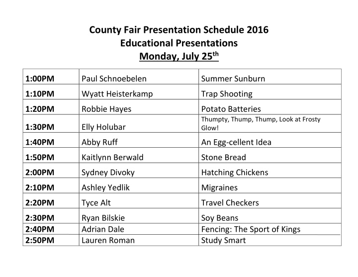 county fair presentation schedule 2016 educational