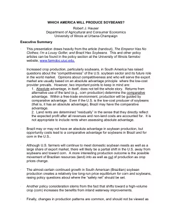 WHICH AMERICA WILL PRODUCE SOYBEANS?  Robert J. Hauser  Department of Agricultural and Consumer