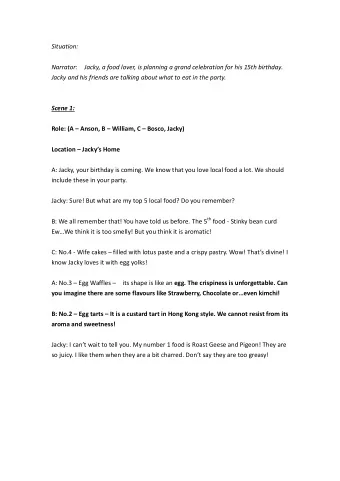 Situation:  Narrator:  Jacky, a food lover, is planning a grand celebration for his 15th birthday.
