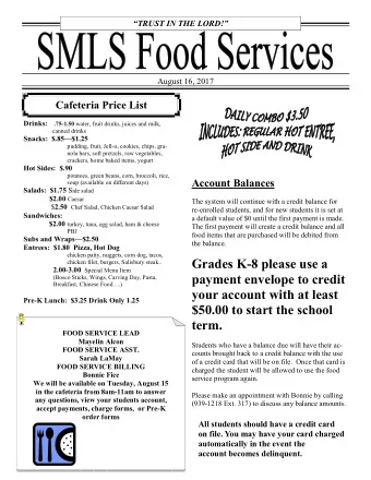 Grades K-8 please use a  chicken filet, burgers, Salisbury steak.. 2.00-3.00 Special Menu Item