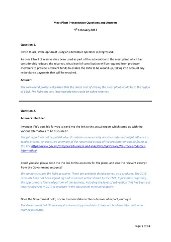 Meat Plant Presentation Questions and Answers 9 th February 2017  Question 1.  I wish to ask, if