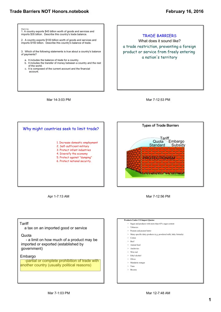 trade barriers not honors notebook february 16 2016