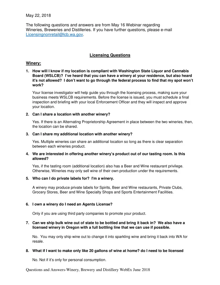 may 22 2018 the following questions and answers are from
