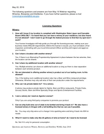 May 22, 2018  The following questions and answers are from May 16 Webinar regarding  Wineries,