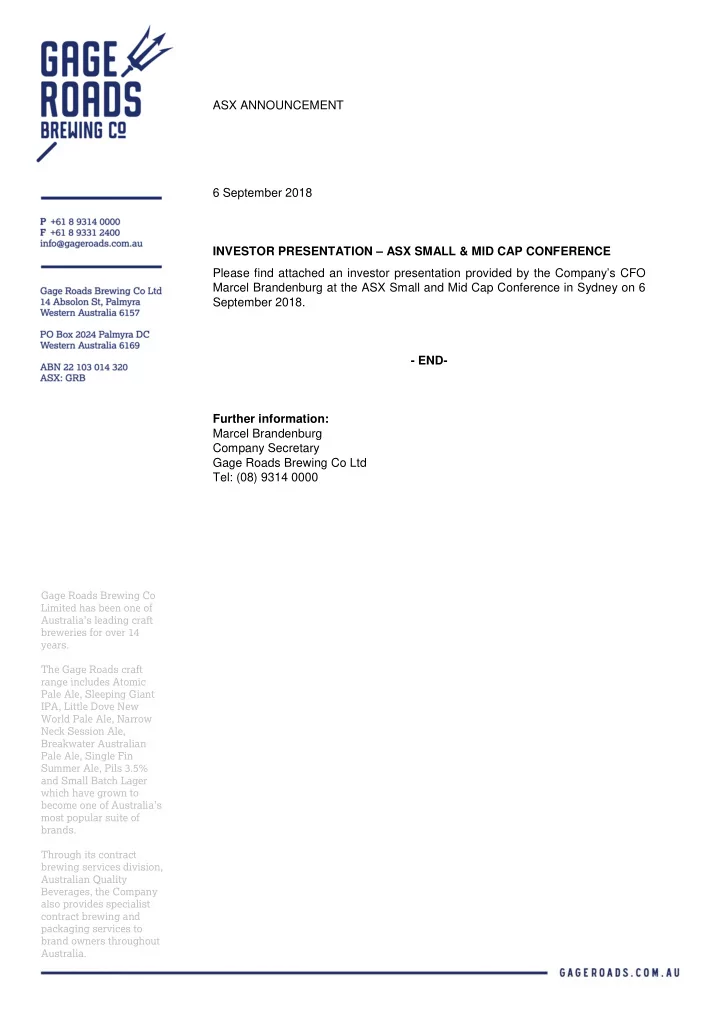 asx announcement 6 september 2018 investor presentation
