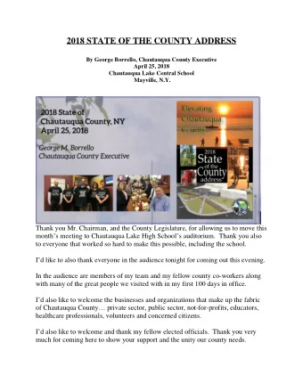 2018 STATE OF THE COUNTY ADDRESS  By George Borrello, Chautauqua County Executive  April 25, 2018