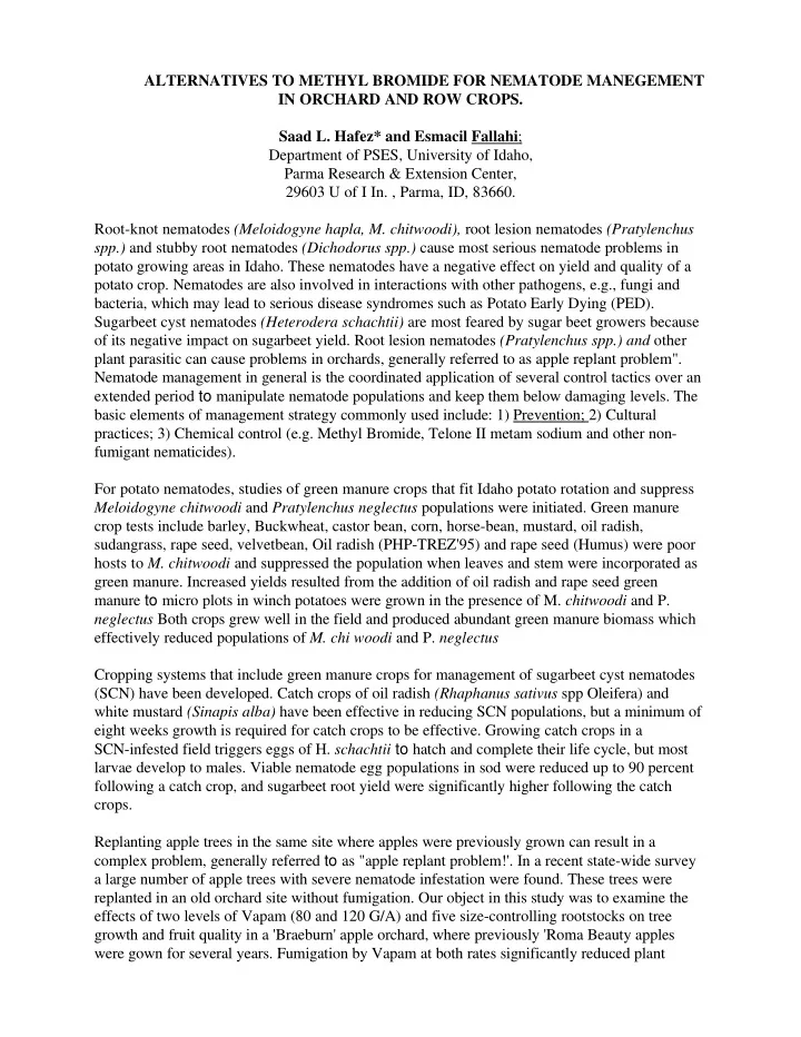 alternatives to methyl bromide for nematode manegement in