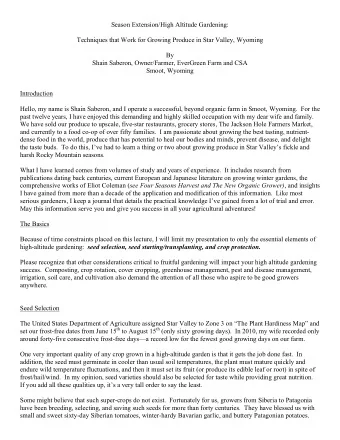 Season Extension/High Altitude Gardening:  Techniques that Work for Growing Produce in Star Valley,