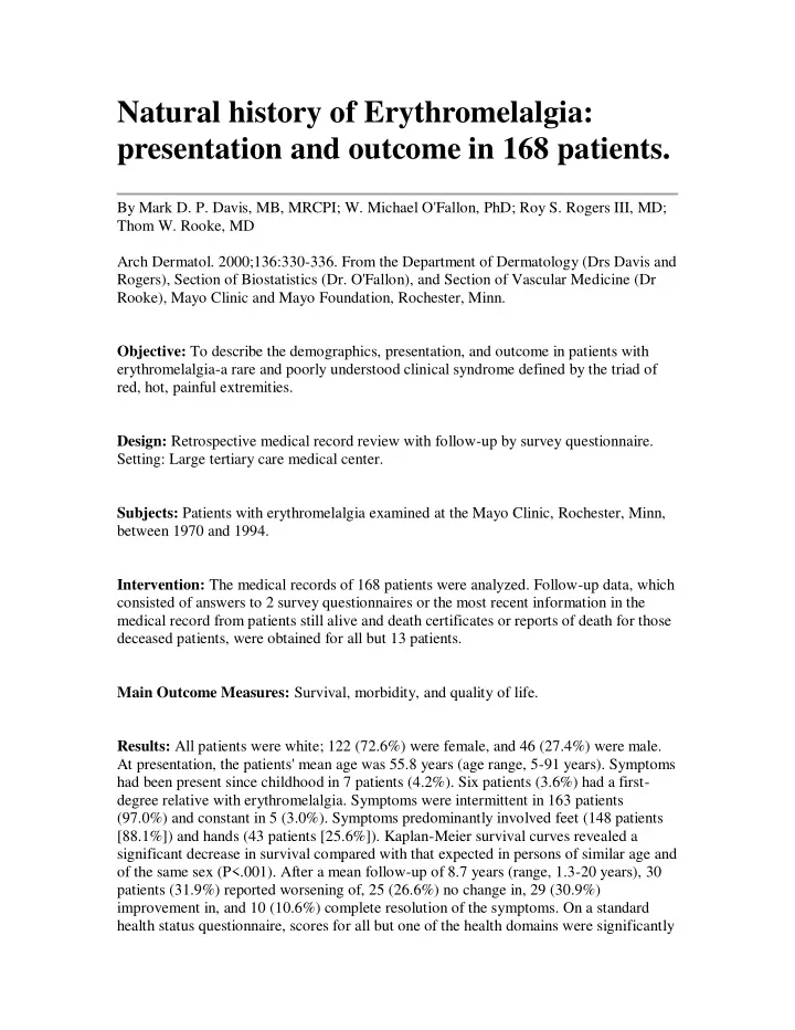 natural history of erythromelalgia presentation and