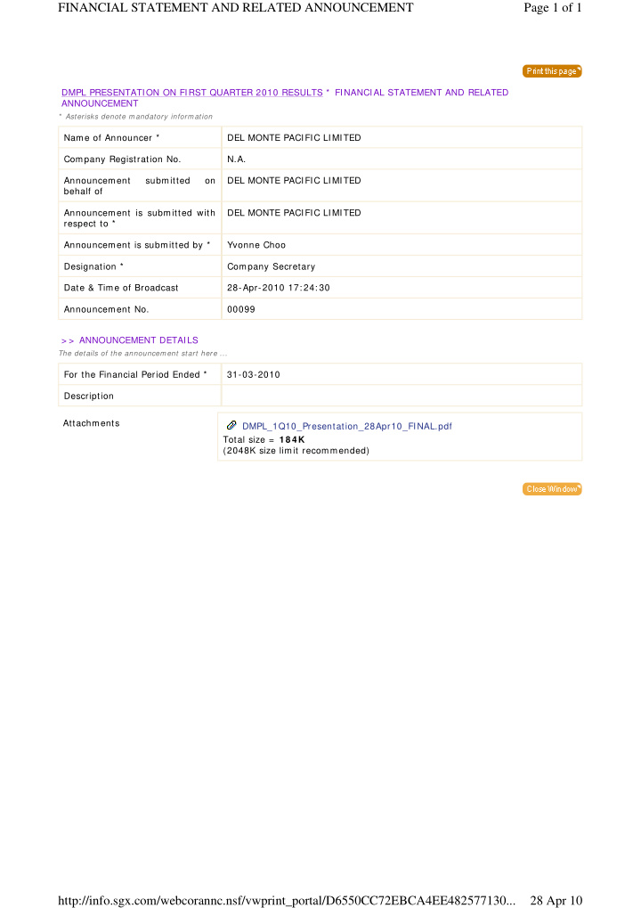 financial statement and related announcement page 1 of 1