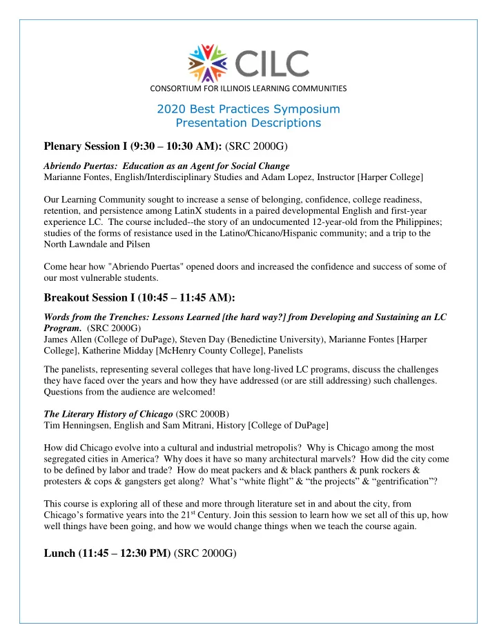2020 best practices symposium presentation descriptions