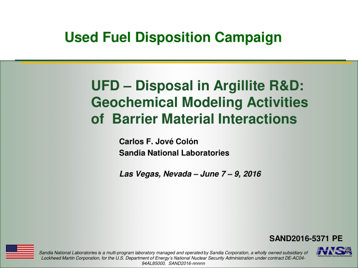 used fuel disposition campaign ufd disposal in argillite