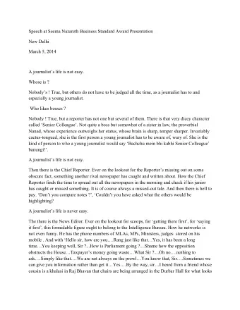 Speech at Seema Nazareth Business Standard Award Presentation  New Delhi  March 5, 2014  A