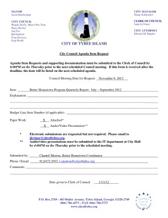 CITY OF TYBEE ISLAND  City Council Agenda Item Request  Agenda Item Requests and supporting