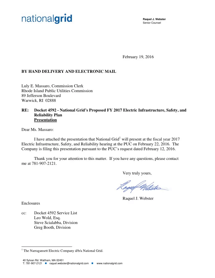 senior counsel february 19 2016 by hand delivery and