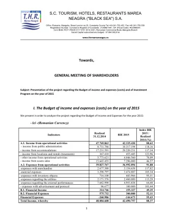 S.C. TOURISM, HOTELS, RESTAURANTS MAREA  NEAGRA (&quot;BLACK SEA&quot;) S.A.  Office: Romania,