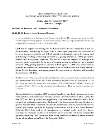 DEPARTMENT OF AGRICULTURE  FY 201819 JOINT BUDGET COMMITTEE HEARING AGENDA Wednesday, November